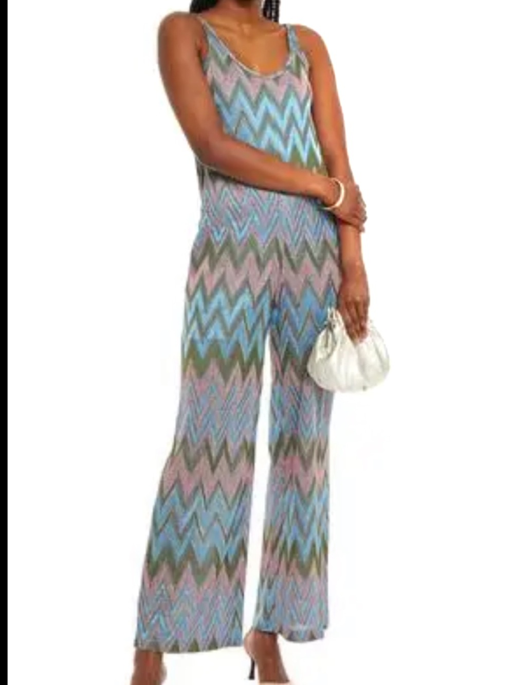 Missoni metallic knit jumpsuit crochet leaf green 70s vibe scoop neck